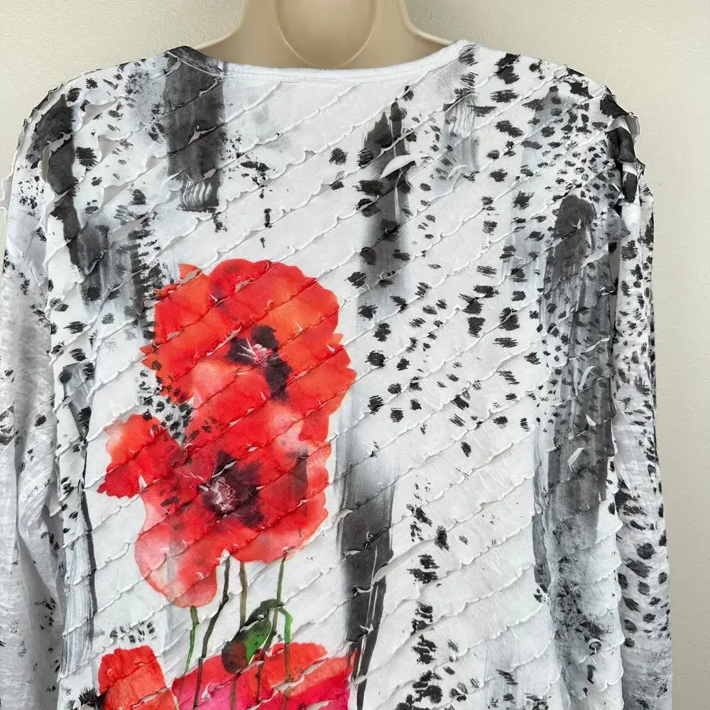 Jess & Jane Blouse Top Ruffle 3/4 Sleeve Abstract Floral Leopard White XL Artsy